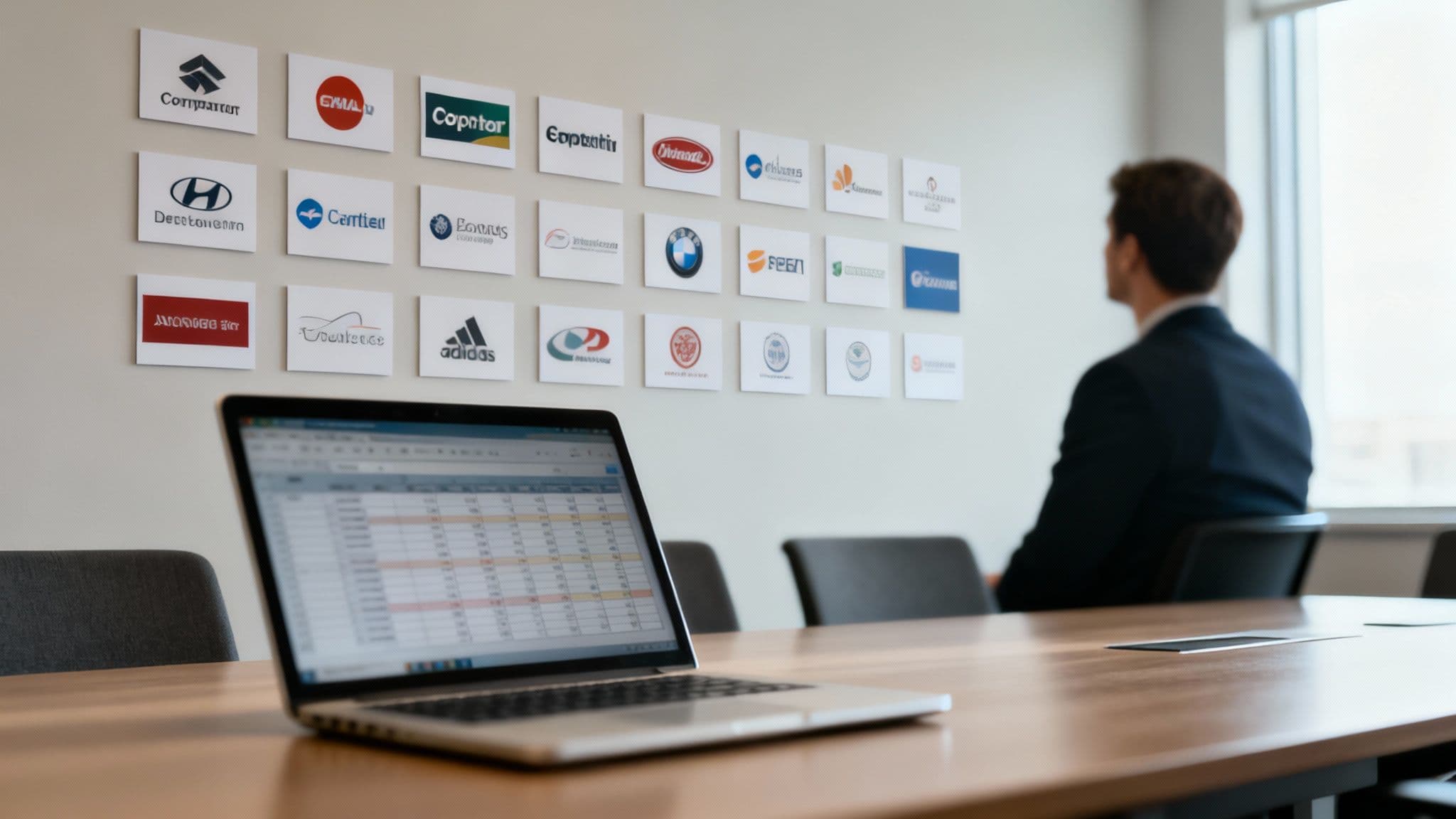 A person in a modern conference room looking at a wall covered with numerous company logos, with a laptop open on the table.