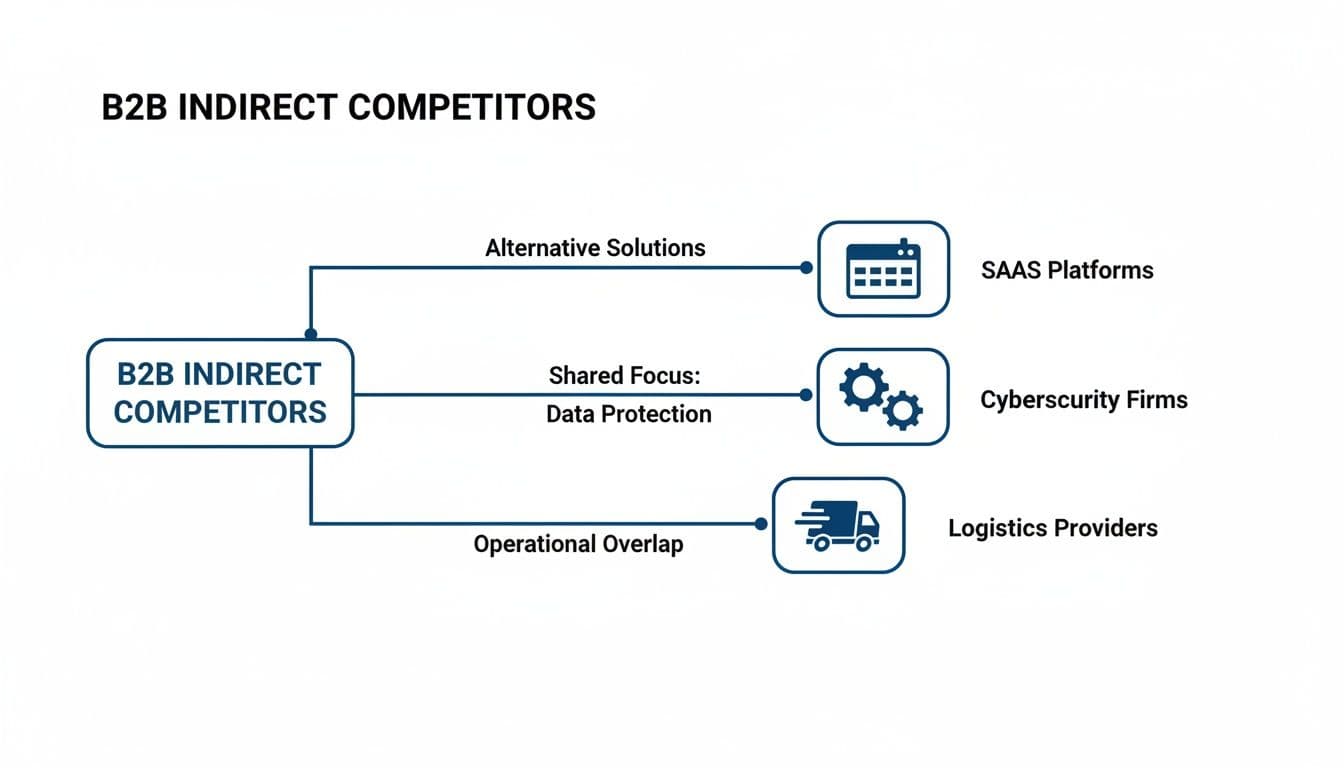 Diagram illustrating B2B indirect competitors, categorizing them into SAAS platforms, cybersecurity firms, and logistics providers.