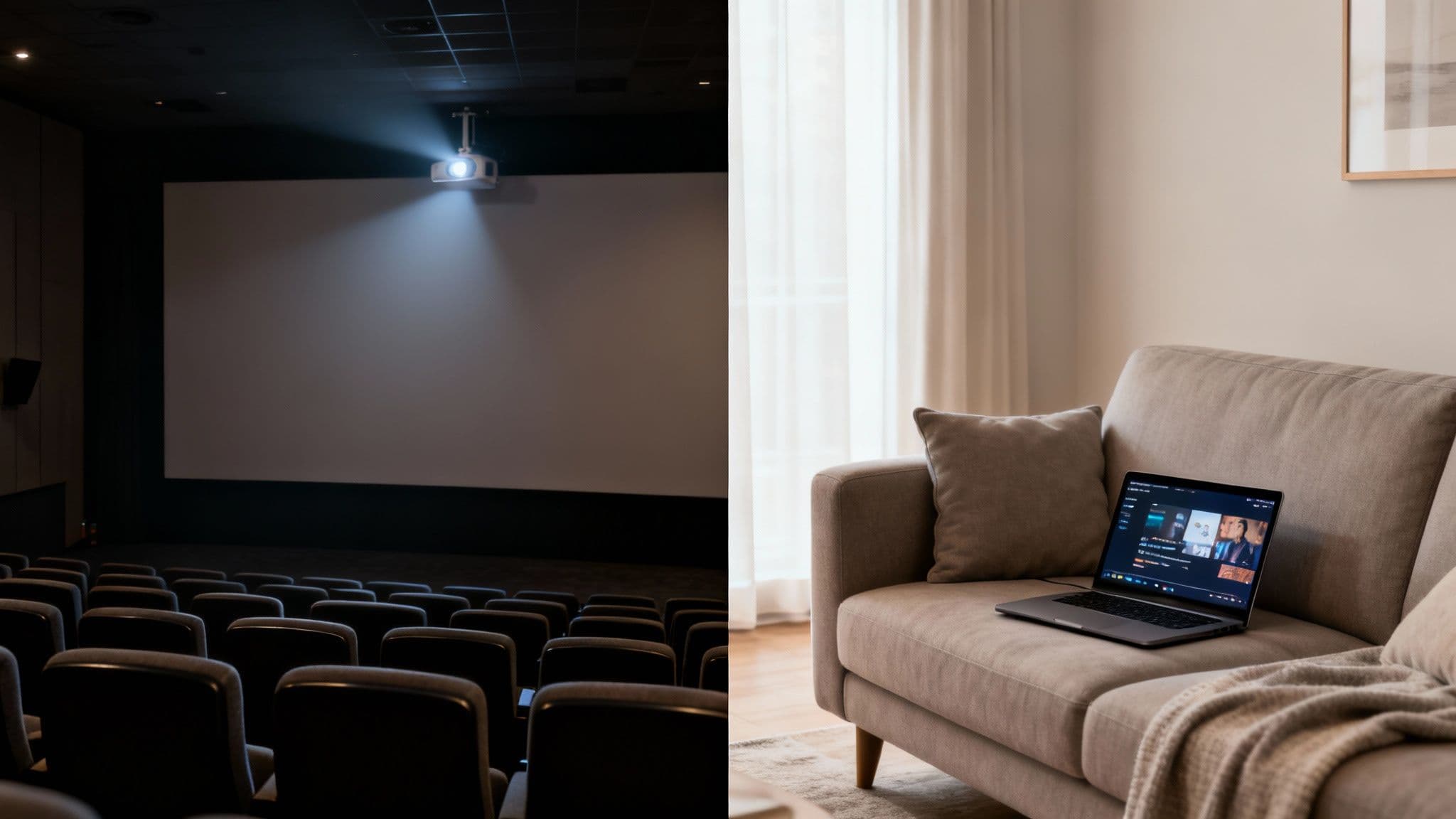 A split image showing a dark movie theater with a projector and a cozy living room with a laptop streaming content.