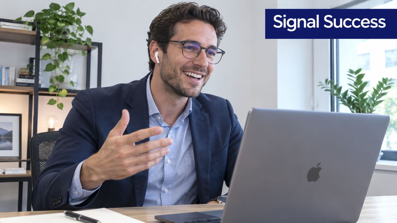 A professional man in a business suit smiling and gesturing during a video call on his laptop.