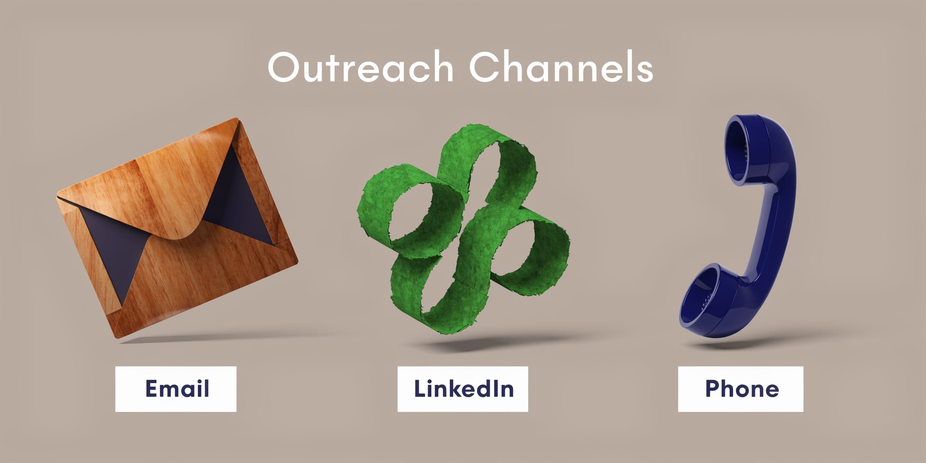 A graphic depicting cold outreach channels featuring an envelope, a LinkedIn logo, and a classic telephone handset.