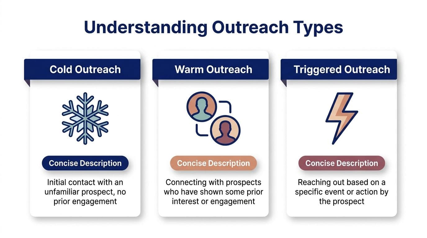 An infographic titled Understanding Outreach Types defining cold, warm, and triggered outreach strategies for business growth.
