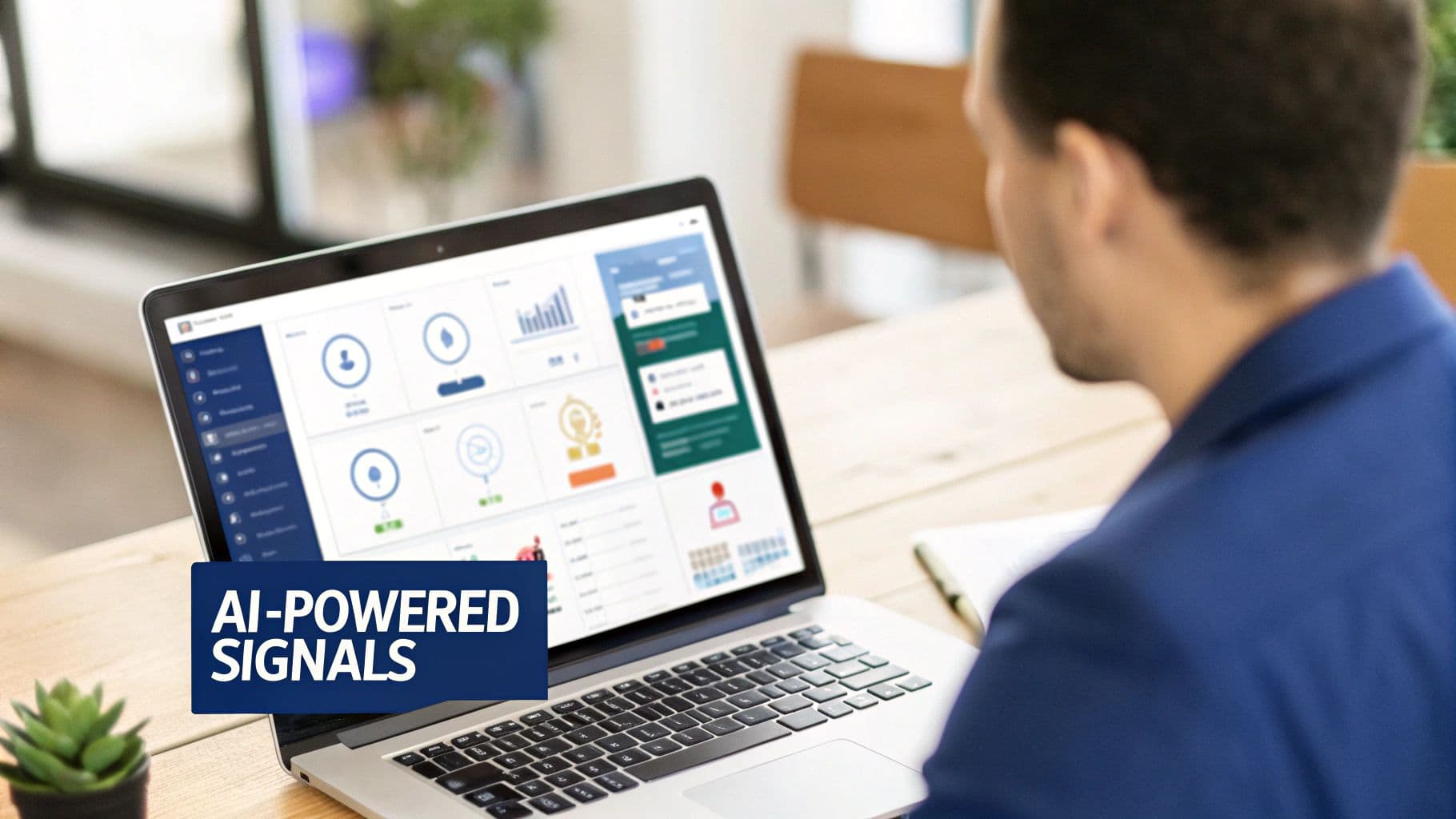 Man analyzing AI-powered signals on a laptop with a business intelligence dashboard.