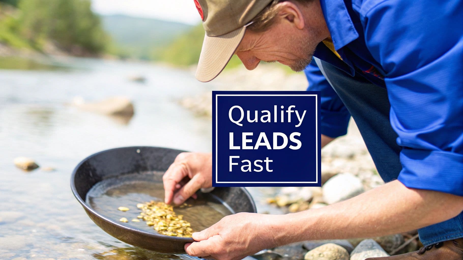 A person gold panning in a shallow river, with a 'Qualify LEADS Fast' text overlay.