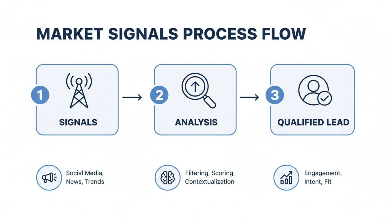 A process flow chart illustrating market signals, analysis, and qualified lead generation steps.