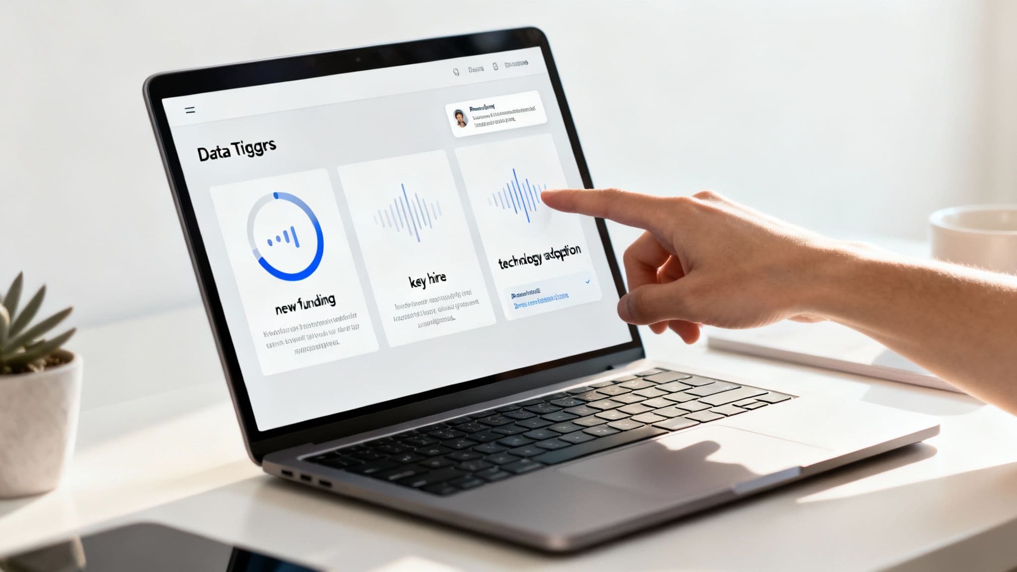 Person pointing at laptop screen displaying data triggers dashboard with analytics and funding metrics