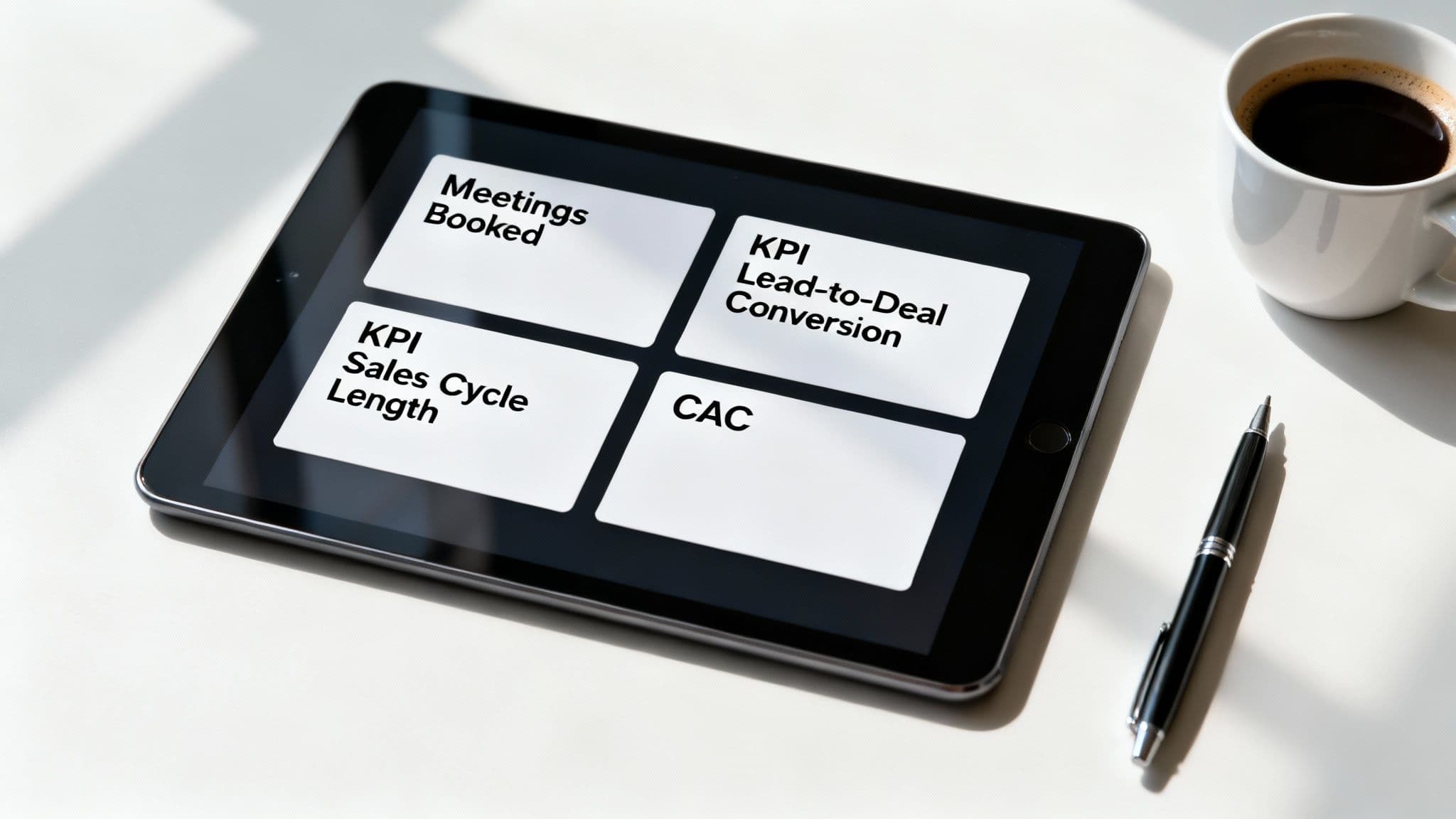 Tablet displaying sales KPI dashboard with metrics including meetings booked, lead conversion, sales cycle length, and CAC