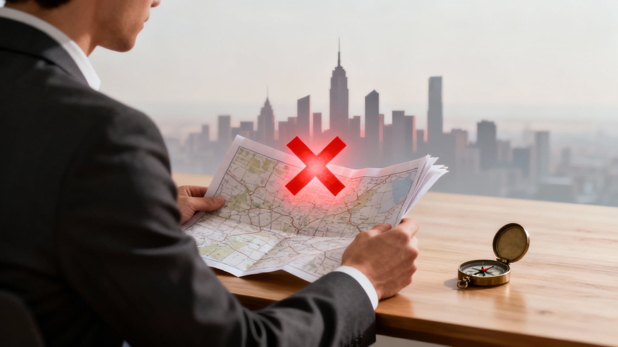 Business professional examining map with red X mark indicating wrong direction or lost location