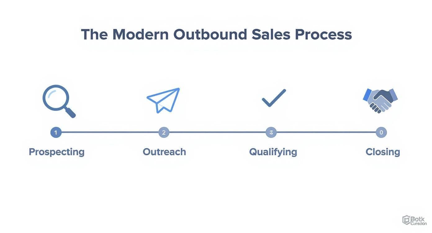 Four-stage modern outbound sales process diagram showing prospecting, outreach, qualifying, and closing phases with icons