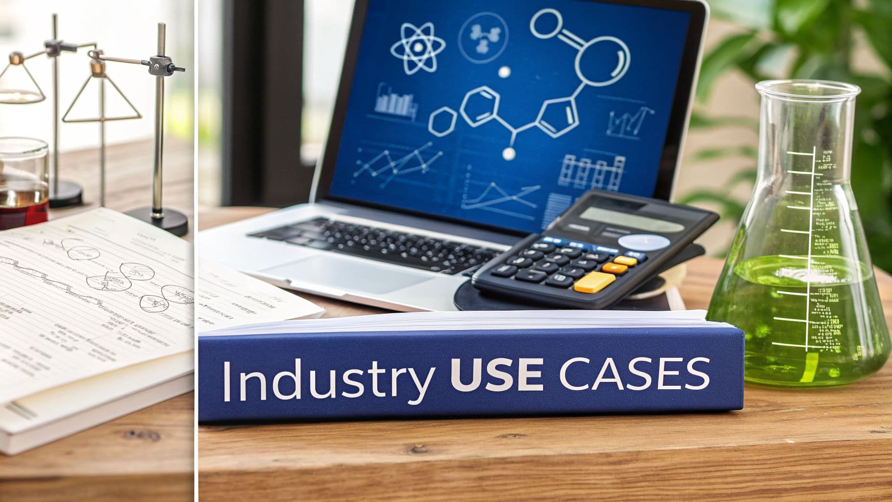 A scientific setup with a laptop, calculator, flask, and a binder titled 'Industry USE CASES'.