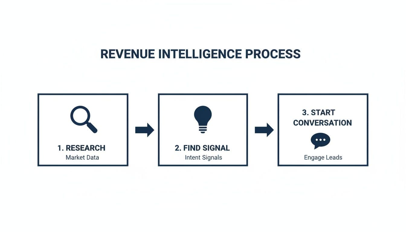 Flowchart illustrating the Revenue Intelligence Process with steps: Research, Find Signal, and Start Conversation.