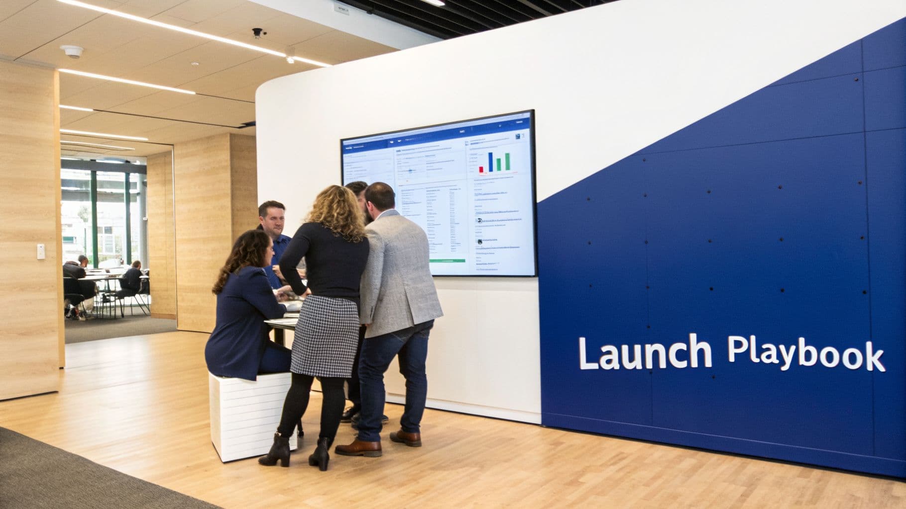 Four professionals discuss data on a large screen in a contemporary office setting with a "Launch Playbook" wall.