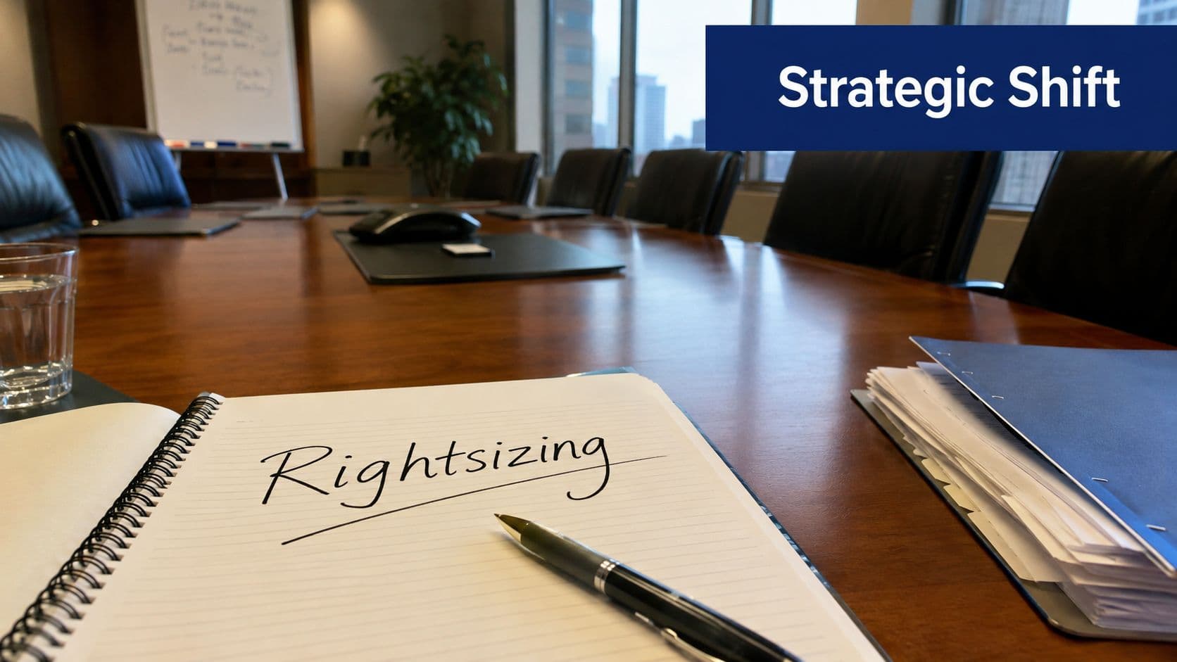 A notepad on a boardroom table with the word Rightsizing written on the page and a pen.