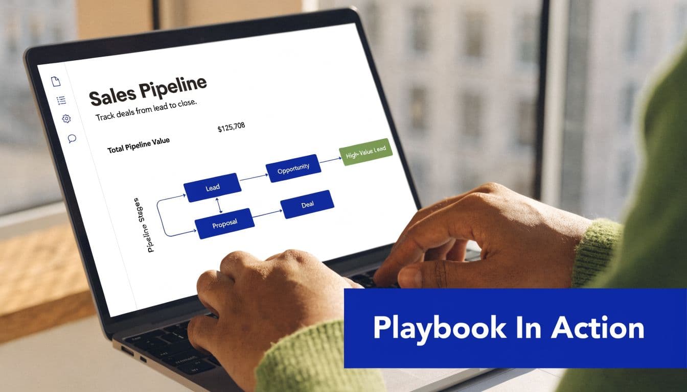 A person using a laptop to view a digital dashboard visualizing a business sales pipeline flow.