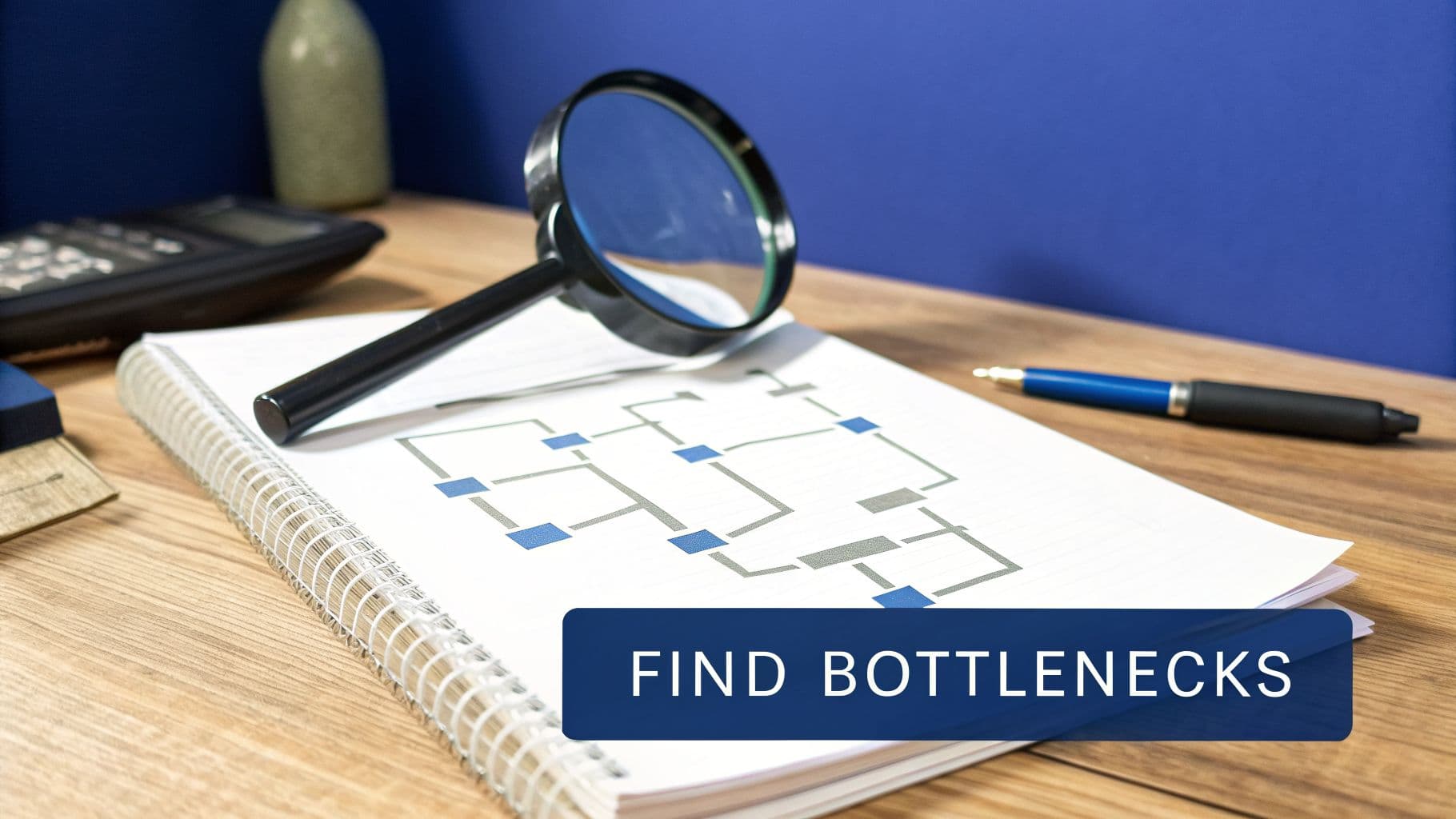 A magnifying glass inspecting a process diagram with blue and grey squares on a notebook.