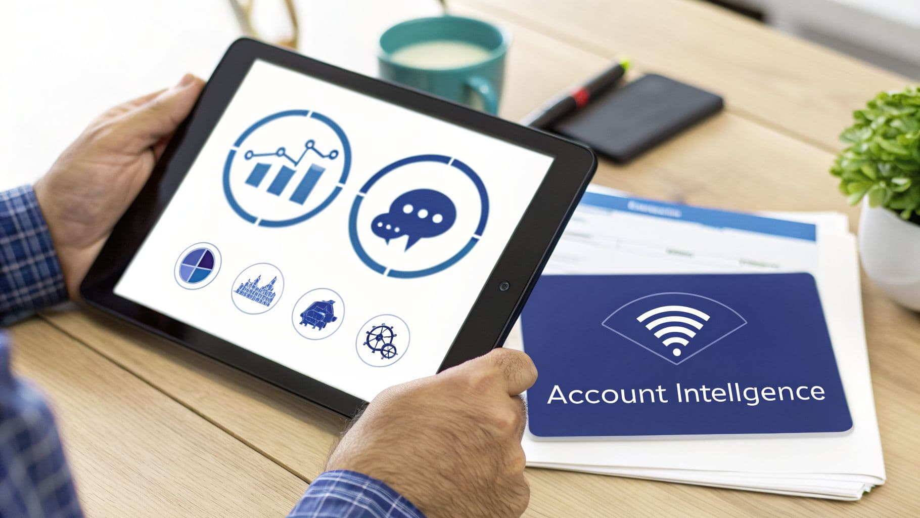 A person holds a tablet showing data analytics and communication icons, next to a document 'Account Intelligence'.