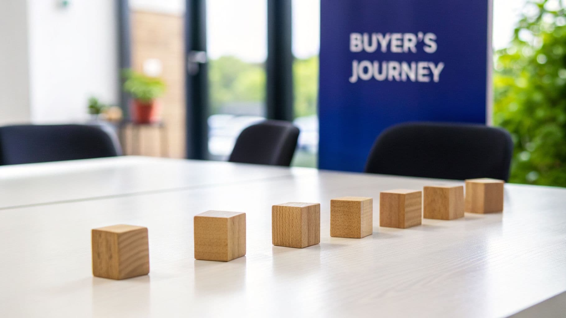 Seven wooden blocks arranged in a line on a white conference table, with a 'BUYER'S JOURNEY' banner in the background.