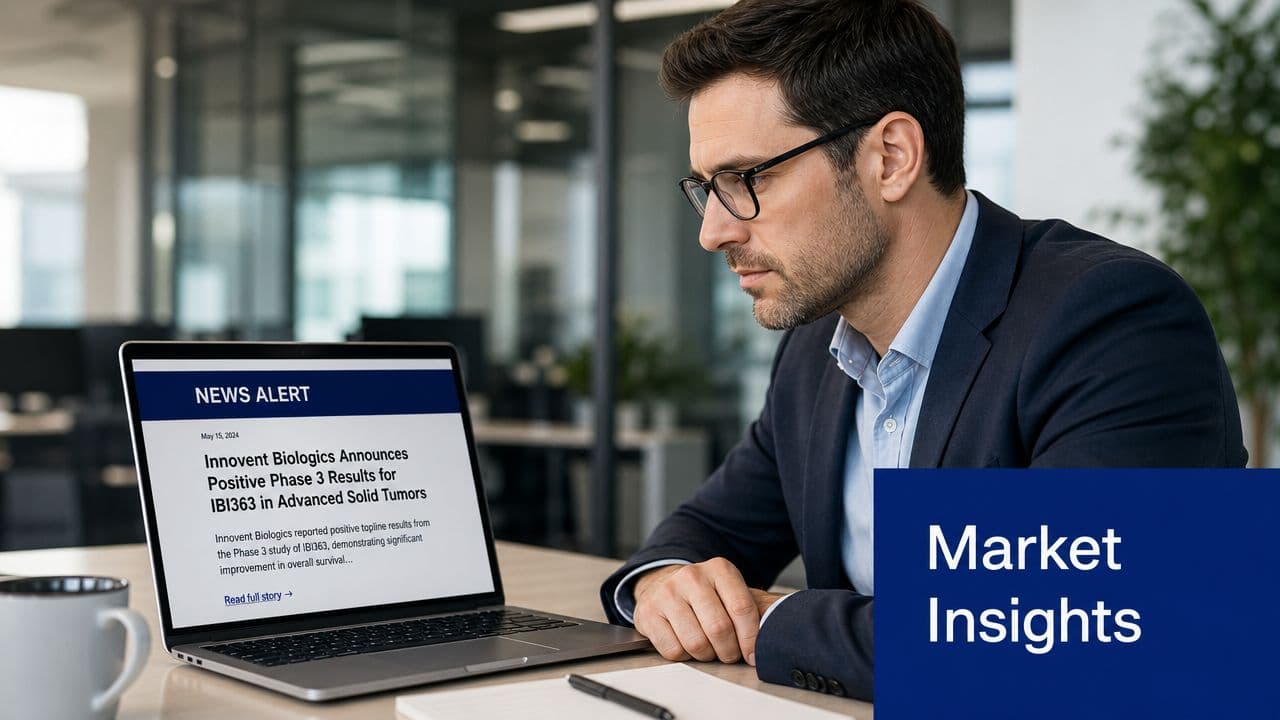 A professional man with glasses looking at a laptop screen displaying medical market news about Innovent Biologics.