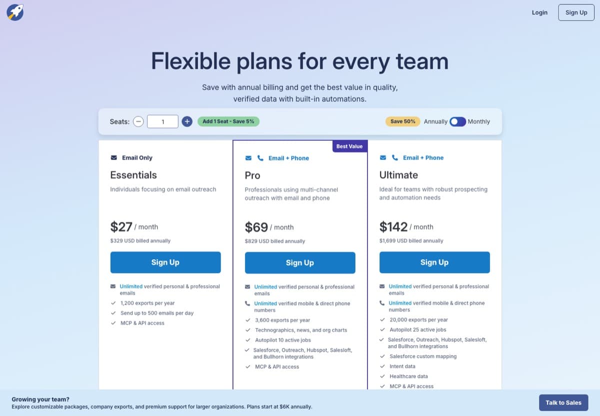 RocketReach pricing page, captured 24 October 2026