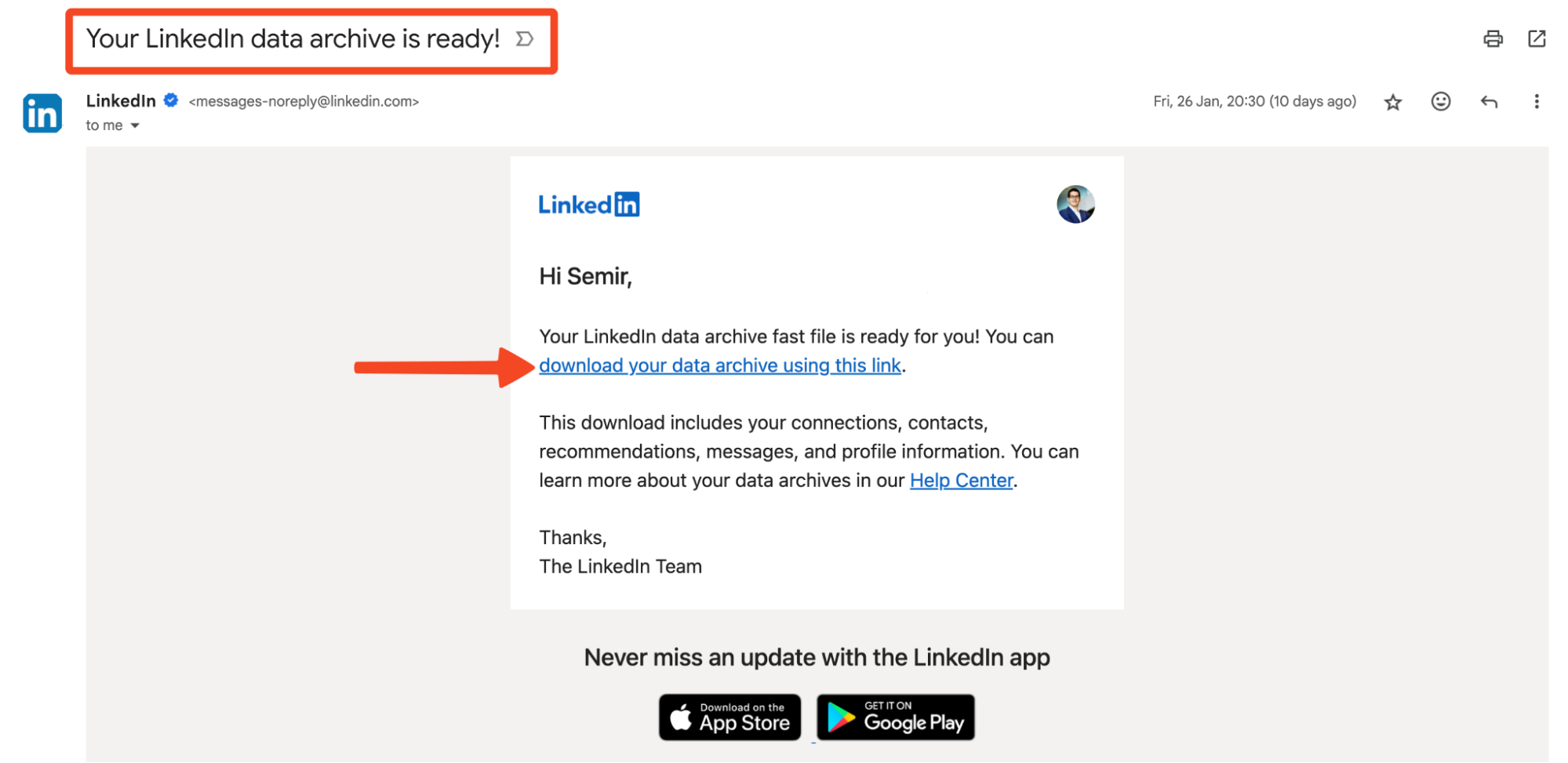 LinkedIn email with the subject "Your LinkedIn data archive is ready!" and the download link highlighted