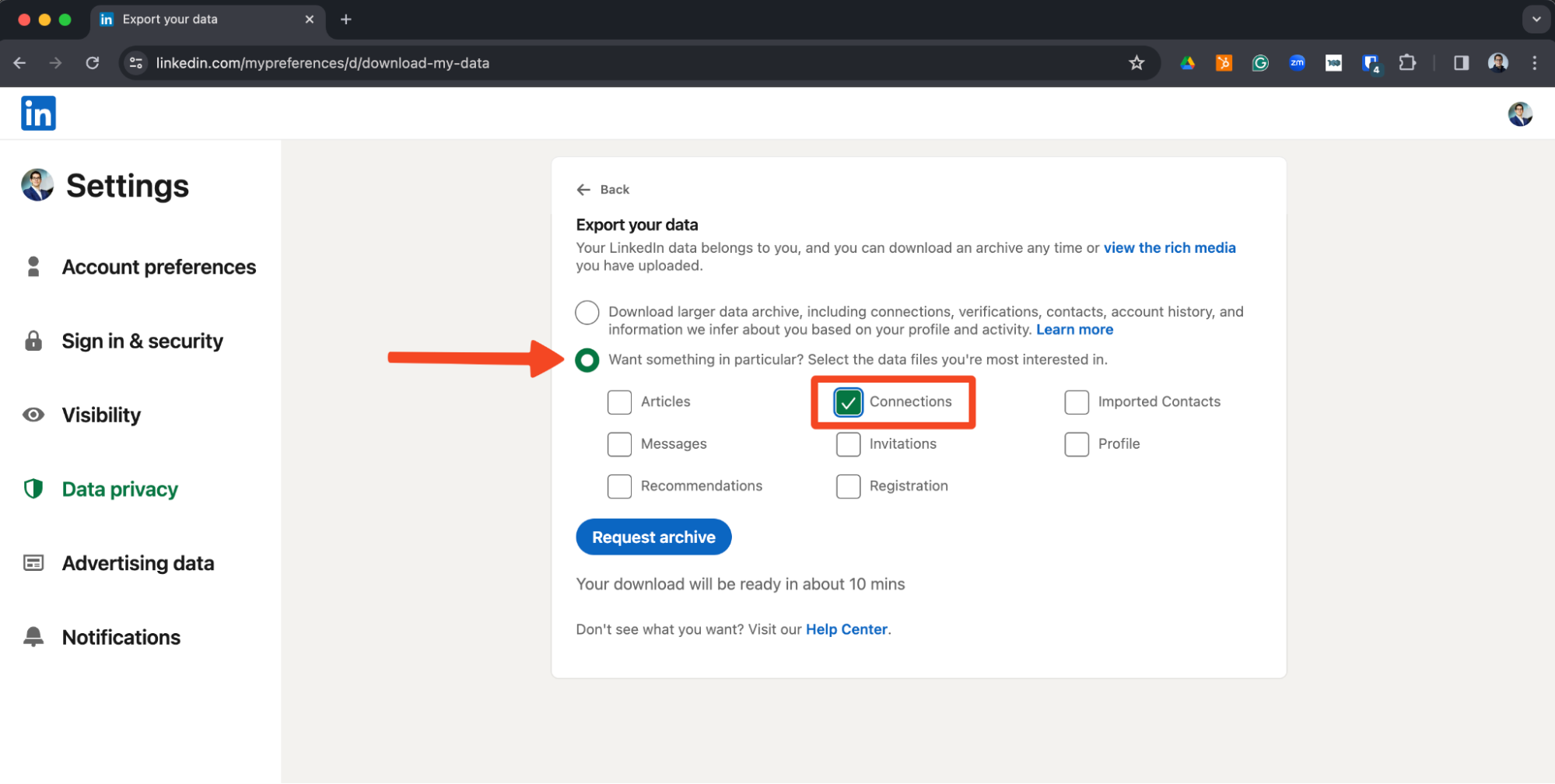 LinkedIn's Export your data page with the "Want something in particular?" option selected and the Connections checkbox ticked before clicking Request archive