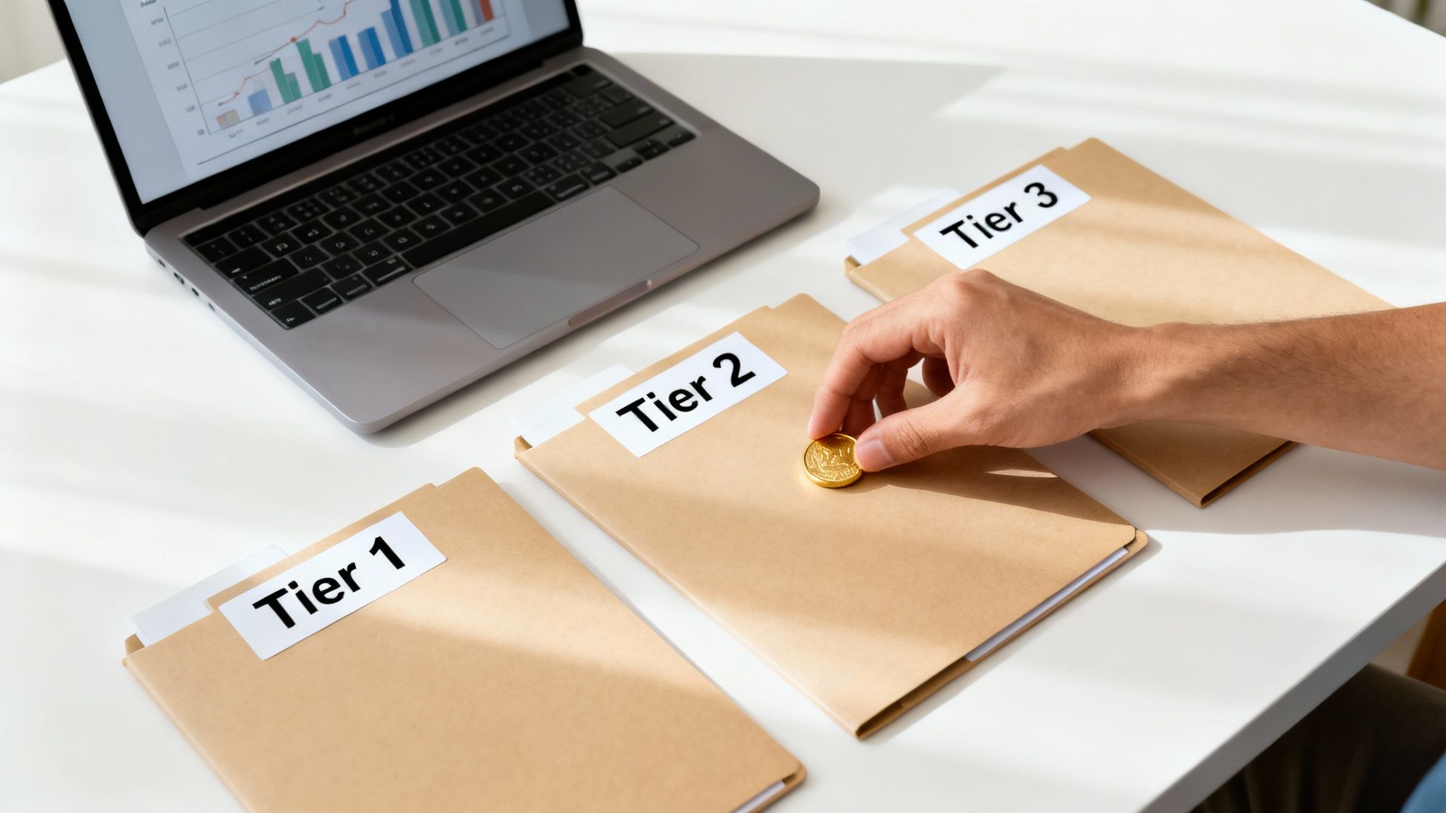 A hand places a gold coin on a 'Tier 2' folder, among other numbered tier folders and a laptop.
