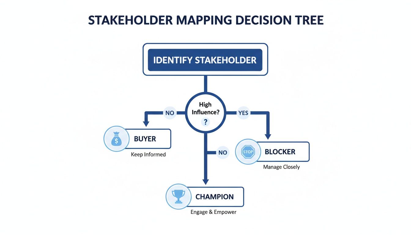 A decision tree flowchart for stakeholder mapping, categorizing individuals as buyer, blocker, or champion based on their influence.