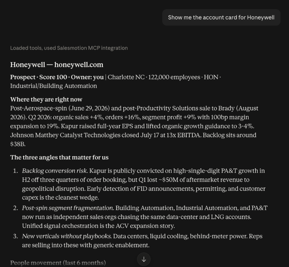 A Honeywell brief produced in Claude through the Salesmotion connector: score, headquarters, employee count, the current situation, and the three angles that matter