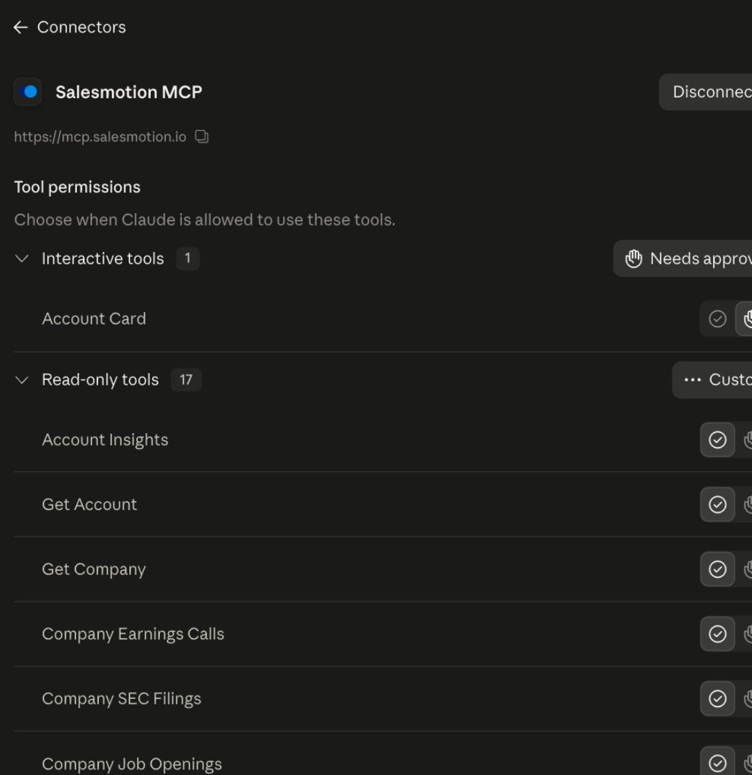 The Salesmotion MCP connector in Claude settings, showing the Account Card under interactive tools and seventeen read-only tools