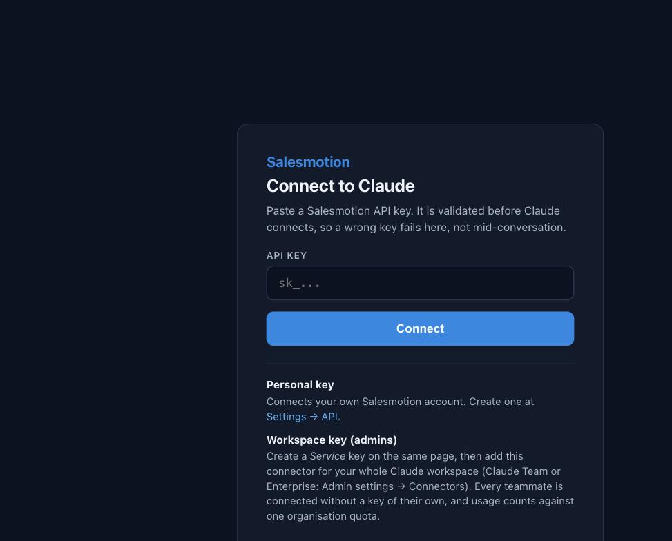 The Salesmotion connect page for Claude, with the API key field and the explanation of personal versus workspace keys